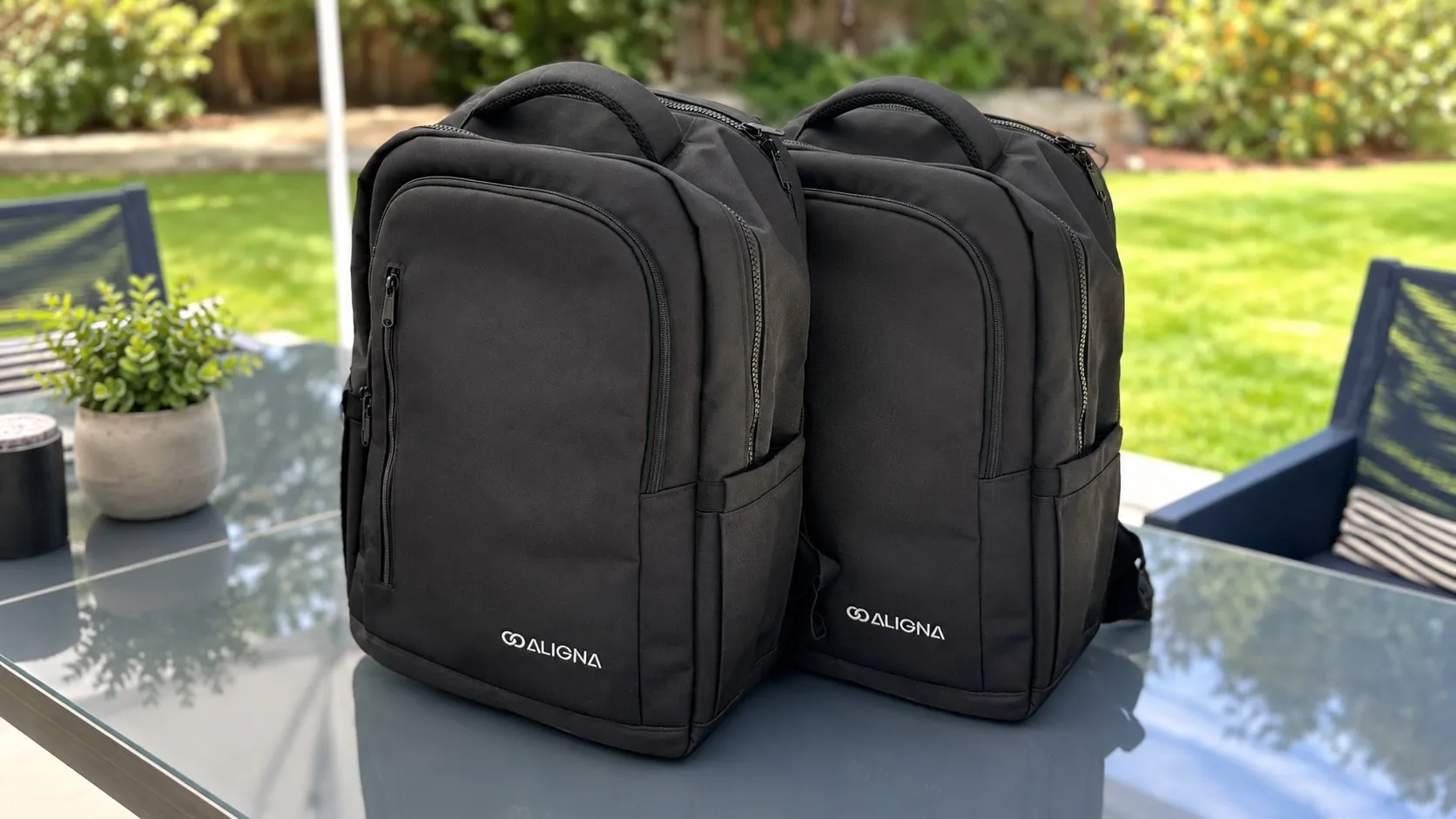 Two Align Pack samples side by side on a glass table outdoors