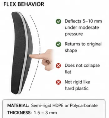 Diagram of a finger pressing the panel, which deflects 5 to 10 mm and returns to shape