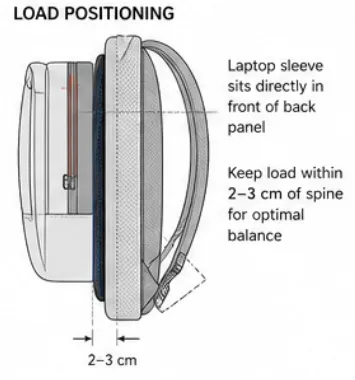 Side cross-section showing the laptop sleeve sitting directly against the back panel, 2 to 3 cm from the spine