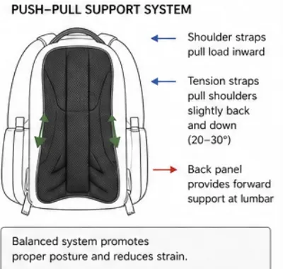 Back view of the pack showing shoulder straps pulling the load inward, tension straps pulling shoulders back and down, and the lumbar panel pushing forward